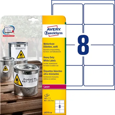 Etykiety Samoprzylepne Heavy Duty Okrągłe Avery 99,1x67,7 8/A4 A'20 Białe No.L4715-20