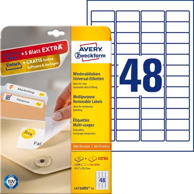 Etykiety Samop. Avery 45,7x21,2 48/A4 A'25 Usuwalne Białe No.L4736REV-25