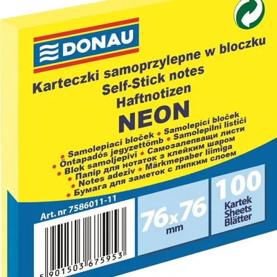 Bloczek Samoprzylepny Donau 76X76mm 1X100 Kart. Neon Żółty