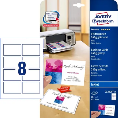 Wizytówki Obustronne Quick&Clean 250g 80szt. Avery 85x54 Białe Wysokobłyszczące No.C32028-10