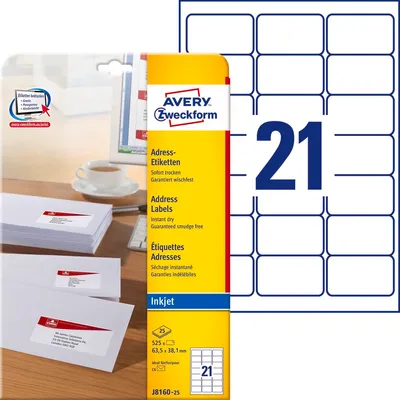 Samoprzylepne etykiety adresowe Avery 63.5x38.1 21/A4 A'25 białe No.J8160-25