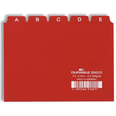 Przekładki do Kartotek A-Z 5/5 PCW 0,3mm Indeksy 25mm Poziome A6 25szt. Czerwone /Durable 366003