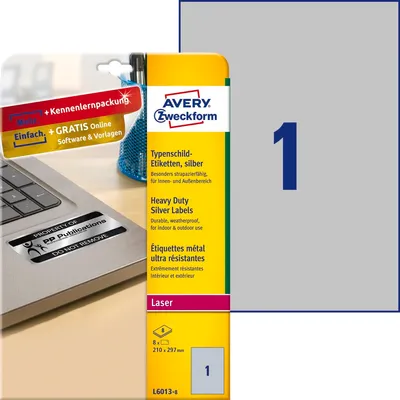 Etykiety Znamionowe Avery 210x297mm 1/A4 A'8 Srebrne No.L6013-8