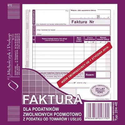 Faktura dla Zwolnionych z VAT 2/3 A5 Oryg.+1k Pion 204-4E /MiP