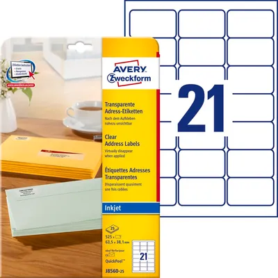 Samoprzylepne etykiety adresowe Avery 63.5x38.1 21/A4 A'25 przezroczyste No.J8560-25