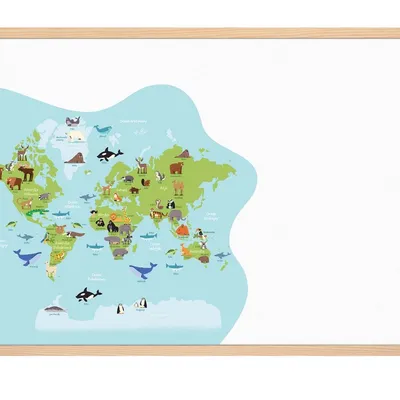 Tablica Edukacyjna Memobe, Whiteboardgame: Animal Adventure!, Nadruk Mapa Świata Ze Zwierzętami, Wersja Pl, Rama Drewniana, 60X40 Cm