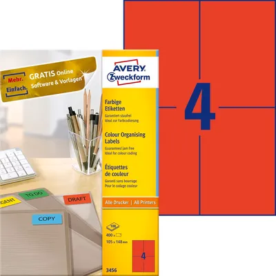 Etykiety Samop. Avery 105x148 4/A4 A'100 Czerwone No.3456