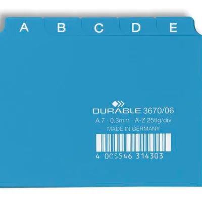 Przekładki do Kartotek A-Z 5/5 PCW 0,3mm Indeksy 20mm Poziome A7 25szt. Niebieskie /Durable 367006