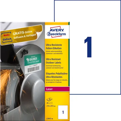 Etykiety Polietylenowe Avery 210x297mm 4/A4 A'20 Biały No.L7917-40