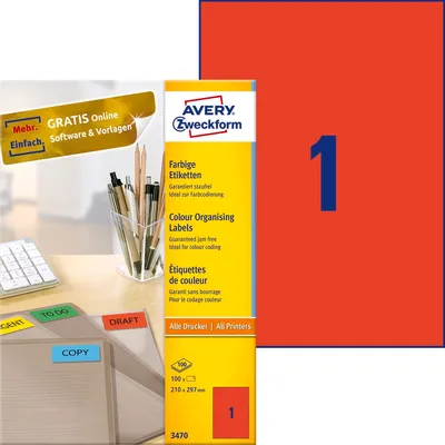 Etykiety Samoprzylepne Avery 210x297 1/A4 A'100 Czerwone No.3470
