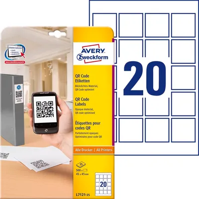 Etykiety do Kodów QR Avery 45x45 20/A4 A'25 Białe No.L7121-25