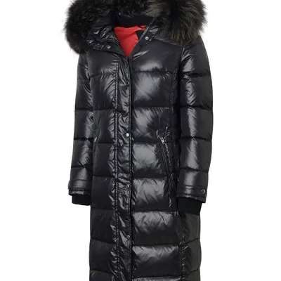 ROCKANDBLUE FARROW COAT 110 cm - Czarny puchowy płaszcz z kapturem i kołnierzem z jenota