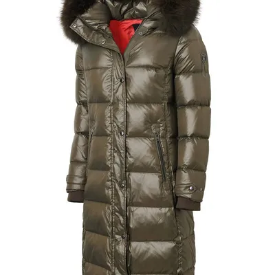 ROCKANDBLUE FARROW COAT 110 cm - Oliwkowy puchowy płaszcz z kapturem i kołnierzem z jenota