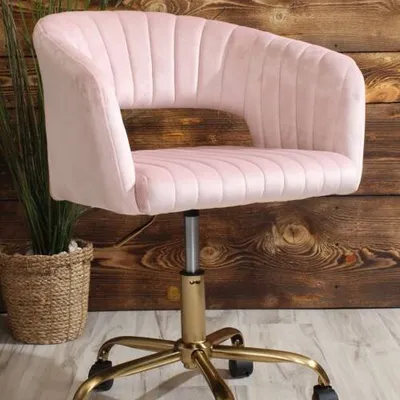 Mały fotel obrotowy w stylu glamour z przeszyciami COMBO pudrowy róż velvet