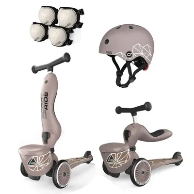 Jeździk i Hulajnoga Scootandride Brown lines 2W1 z zamykanym schowkiem + kask + ochraniacze