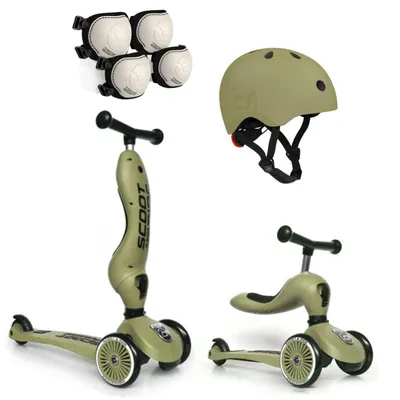 Jeździk i Hulajnoga Scootandride Olive 2W1 + kask + ochraniacze