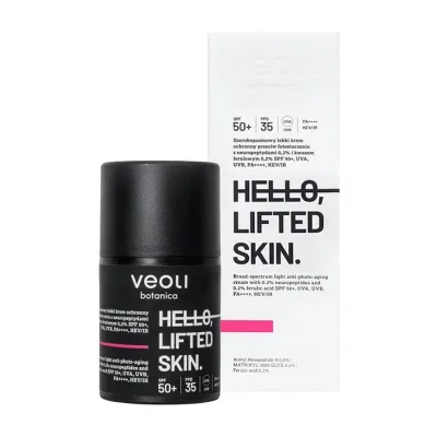 Veoli Botanica Hello, Lifted Skin szerokopasmowy lekki krem ochronny SPF50+ z 0,2% neuropeptydami i 0,2% kwasem ferulowym 50 ml