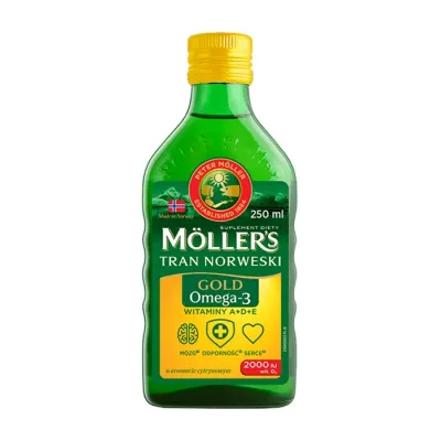 Möller’s Tran Norweski Gold suplement diety Omega-3 z witaminami A+D+E cytrynowy 250ml