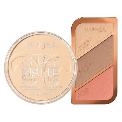 Rimmel zestaw puder do twarzy Stay Matte Transparent 01 + paleta Kate Sculpting Kit 02 Coral Glow