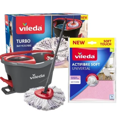 Vileda zestaw mop obrotowy Turbo 3in1 + ściereczki z mikrofibry 2 sztuki Actifibre Soft