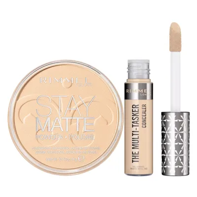 Rimmel zestaw puder do twarzy Stay Matte Transparent 01 + korektor Multi Tasker 20 Fair