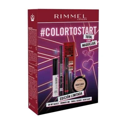 Rimmel #Colortostart zestaw kosmetyków do makijażu tusz do rzęs + eyeliner + błyszczyk + puder