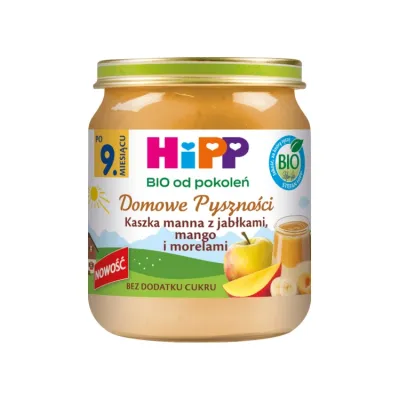 HiPP Bio Domowe Pyszności deserek w słoiczku po 9 miesiącu Kaszka Manna z Jabłkami, Mango i Morelami 200 g