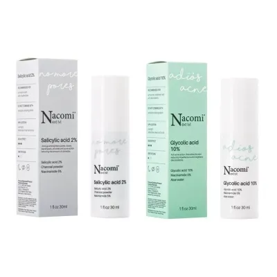 Nacomi Next Level zestaw serum Adiós Acné Kwas Glikolowy 10% + No More Pores Kwas Salicylowy 2%