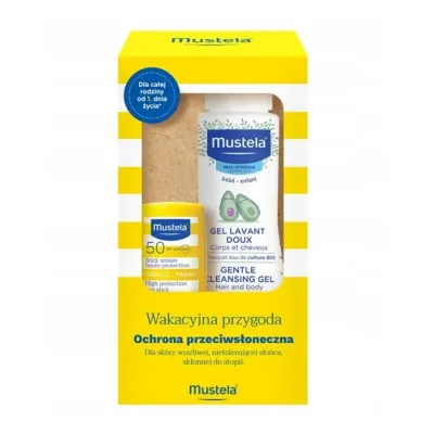 Mustela Wakacyjna Przygoda zestaw sztyft przeciwsłoneczny SPF50 9 ml + żel do mycia ciała i głowy 100 ml