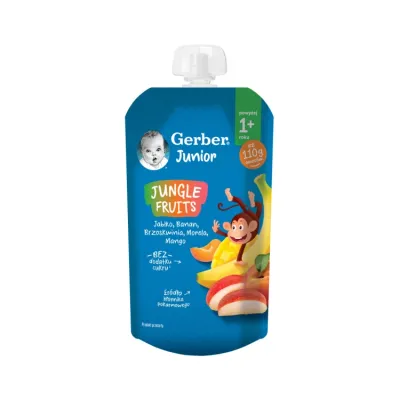 Gerber Junior Jungle Fruits mus w tubce po 1 roku Jabłko Banan Brzoskwinia Morela Mango 110 g