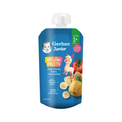 Gerber Junior Yellow Fruits mus w tubce po 1 roku Jabłko Banan Pigwa z Biszkoptem 110 g