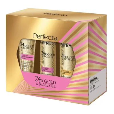 Perfecta 24k Gold & Rose Oil zestaw kosmetyków peeling + mleczko do demakijażu + tonik