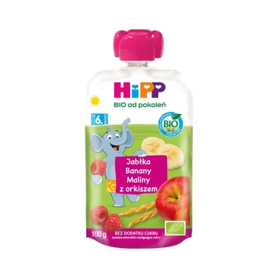 HiPP Bio mus owocowy w tubce po 6 miesiącu Jabłka Banany Maliny z orkiszem 100 g