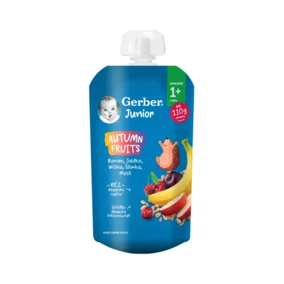 Gerber Junior Autumn Fruits mus w tubce po 1 roku Banan Jabłko Wiśnia Śliwka Musli 110 g