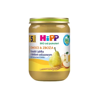 HiPP Bio deserek w słoiczku po 5 miesiącu Gruszki i jabłka z kleikiem orkiszowym 190 g
