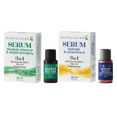 Bioelixire zestaw silikonowe serum do włosów Jedwab Witamina A 20 ml + serum Baobab Biotyna 20 ml