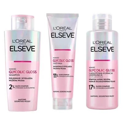 L'Oréal Paris Elseve Glycolic Gloss zestaw do pielęgnacji włosów matowych i szorstkich szampon 200 ml + odżyka 150 ml + kuracja laminująca 200 ml