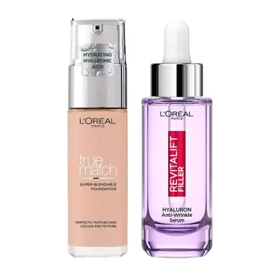 L'Oréal Paris zestaw kosmetyków serum przeciwzmarszczkowe Revitalift Filler 30 ml + podkład True Match w wybranym kolorze 30 ml