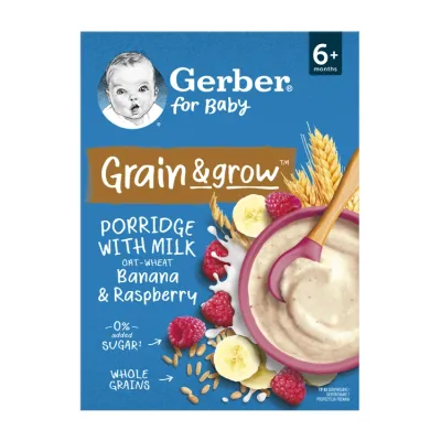 Gerber Grain & Grow mleczna kaszka owsiano-pszenna po 6 miesiącu Banan & Malina 200g