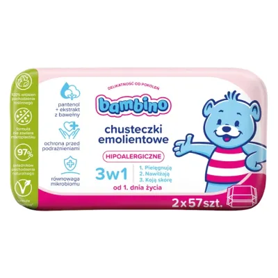 Bambino hipoalergiczne chusteczki emolientowe 3w1 2 x 57 sztuk