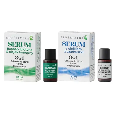Bioelixire zestaw silikonowe serum do włosów Baobab Biotyna Olejek konopny 20 ml + serum Czarnuszka 20 ml