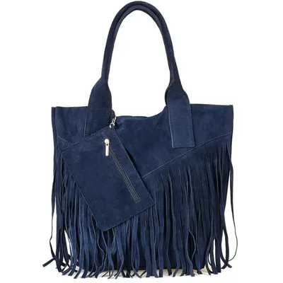 Shopperka boho skórzana VERA PELLE L83 granatowa