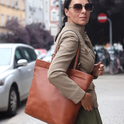 Torebka shopperka premium z miękkiej skóry cielęcej MARCO MAZZINI brązowa camel