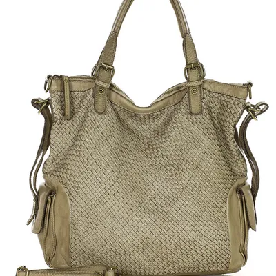 Miejska torebka regulowane raczki shopper pleciona skóra handmade MARCO MAZZINI beż jasny