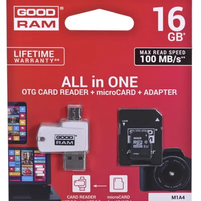 Karta pamięci z adapterem i czytnikiem kart GoodRam All in one M1A4-0160R12 (16GB; Class 10; Adapter, Czytnik kart MicroSDHC, Karta pamięci)