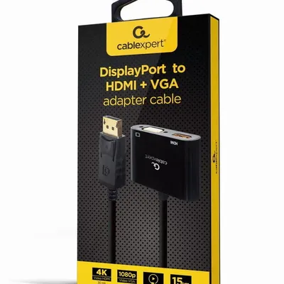GEMBIRD ADAPTER NA KABLU DISPLAYPORT MĘSKI NA ŻEŃSKI HDMI + ŻEŃSKI VGA CZARNY, 10CM