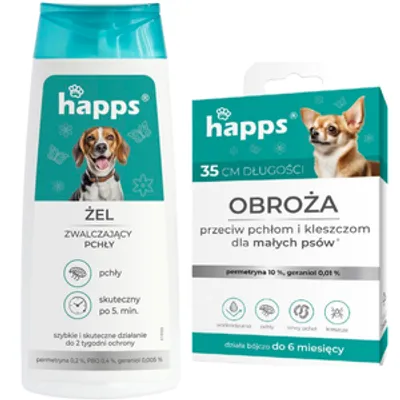 HAPPS - żel zwalczający pchły 150ml + HAPPS - obroża przeciw pchłom i kleszczom dla małych psów 35cm