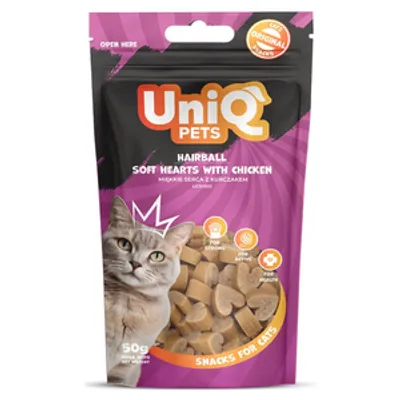 UNIQ PETS przysmaki dla kota - hairball miękkie serca z kurczakem 50g