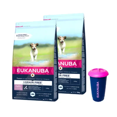 EUKANUBA Puppy&Junior Small/Medium Grain Free 2x3kg + Pojemnik na karmę 4,5kg GRATIS
