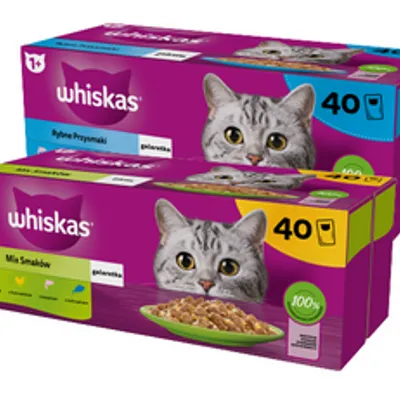 WHISKAS Adult saszetki 40 x 85 g Mix Smaków - mokra karma dla dorosłego kota, w galaretce + WHISKAS Adult saszetki 40 x 85 g Rybne Przysmaki